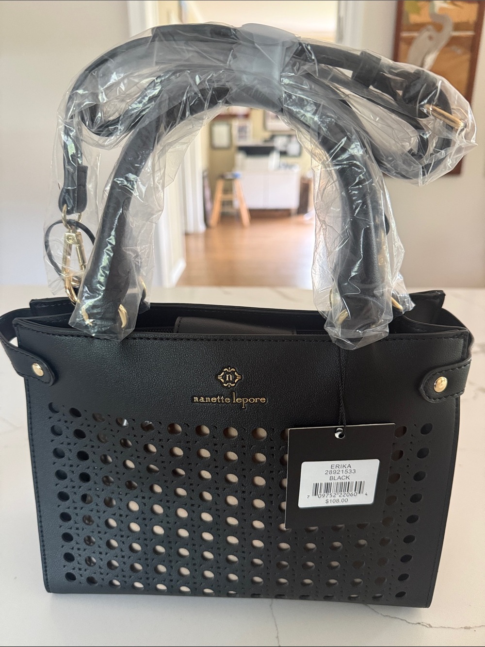 Nanette Lepore Black Laser-Cut Satchel with Gold Accents
